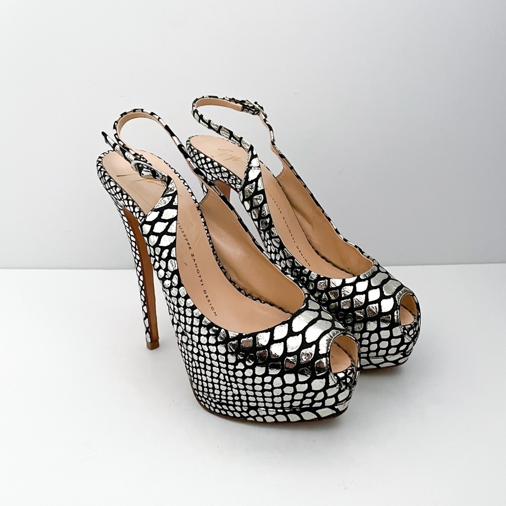 Giuseppe Zanotti Metallic Faux Snakeskin Platform Open Toe High Heels